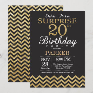 Invitación sorpresa de cumpleaños 20 con purpurina
