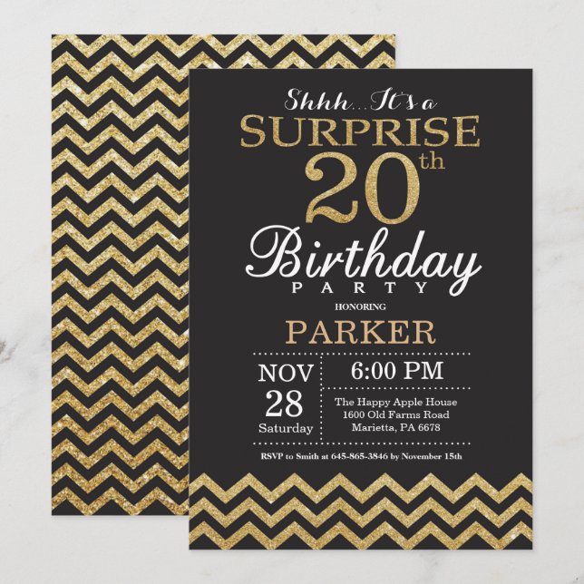Invitación sorpresa de cumpleaños 20 con purpurina (Anverso / Reverso)