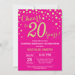 Invitación Sorpresa de cumpleaños 20 Diamante rosa caliente y