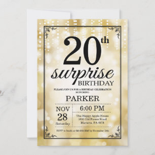 Invitación sorpresa de cumpleaños 20 dorado con br