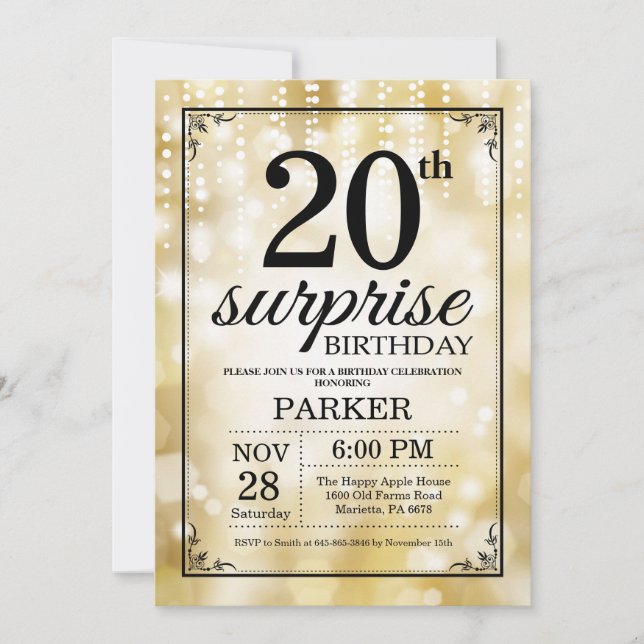 Invitación sorpresa de cumpleaños 20 dorado con br (Anverso)