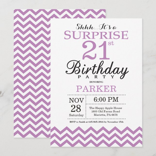Invitación sorpresa de cumpleaños 21 Chevron púrpu (Anverso / Reverso)