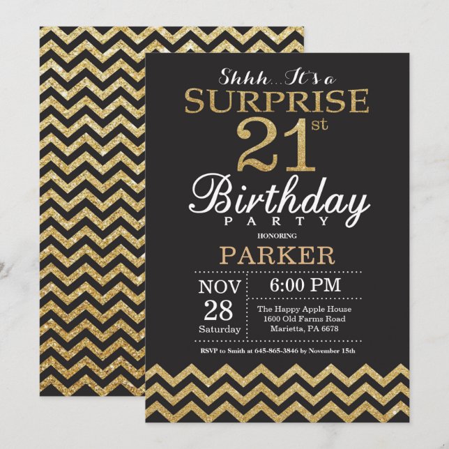 Invitación sorpresa de cumpleaños 21 con brillo do (Anverso / Reverso)