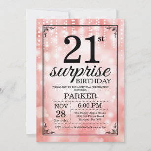 Invitación sorpresa de cumpleaños 21 con brillo ro