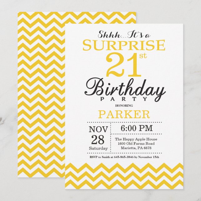 Invitación sorpresa de cumpleaños 21 con Chevron a (Anverso / Reverso)