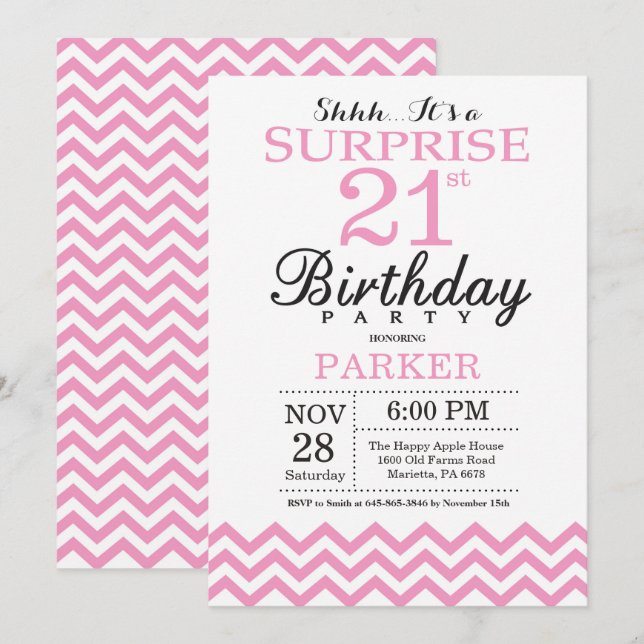 Invitación sorpresa de cumpleaños 21 con Chevron r (Anverso / Reverso)