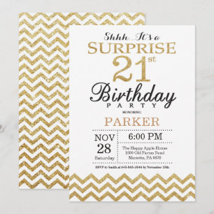 Invitación sorpresa de cumpleaños 21 con purpurina