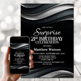 Invitación Sorpresa de cumpleaños 21 en negro y plata