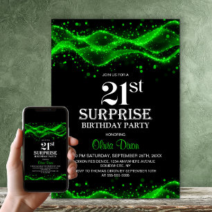 Invitación Sorpresa de cumpleaños 21 en negro y verde