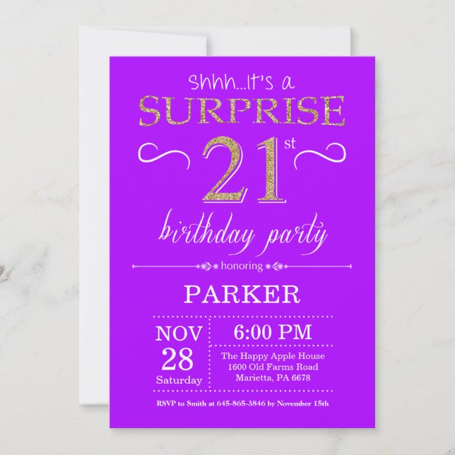 Invitación sorpresa de cumpleaños 21 en púrpura y  (Anverso)