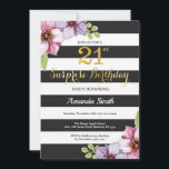 Invitación sorpresa de cumpleaños 21 para mujeres<br><div class="desc">Invitación sorpresa de cumpleaños 21 para mujeres. Invitación de cumpleaños negra y dorada. Brillo dorado. Flor floral de acuarela morada. Rayas blancas y negras. Digital imprimible. Para una mayor personalización,  haga clic en el botón "Personalízalo" y use nuestra herramienta de diseño para modificar esta plantilla.</div>