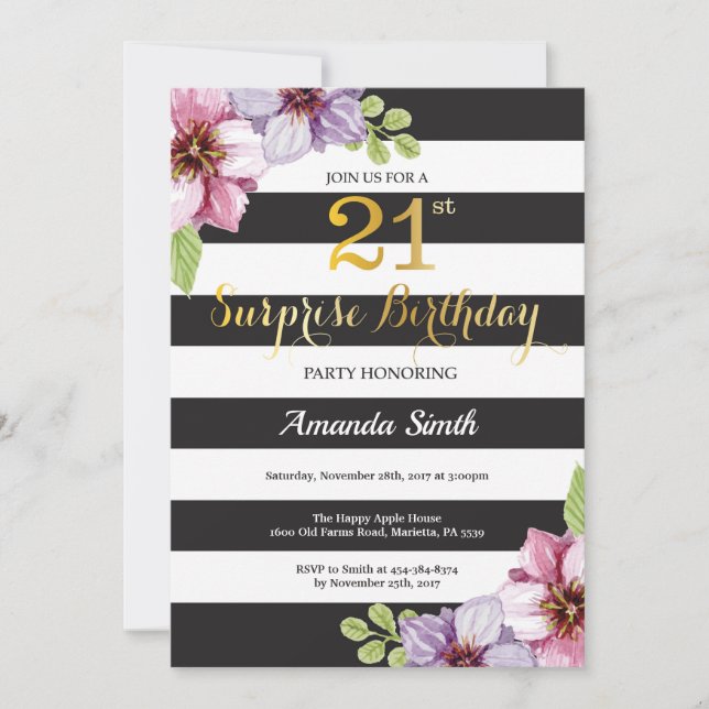 Invitación sorpresa de cumpleaños 21 para mujeres  (Anverso)