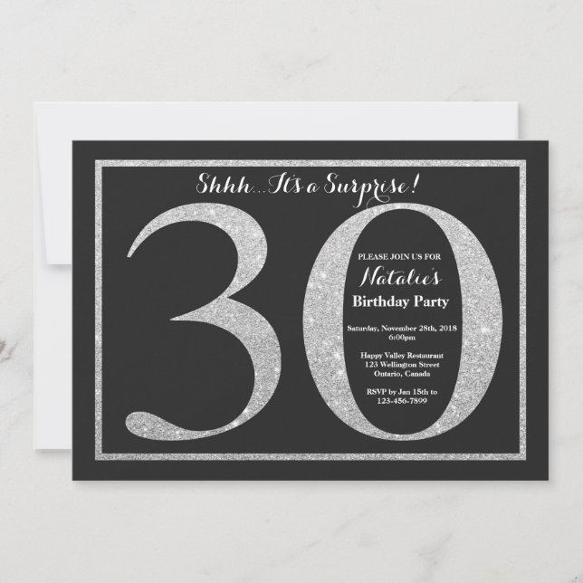 Invitación sorpresa de cumpleaños 30º con brillo p (Anverso)