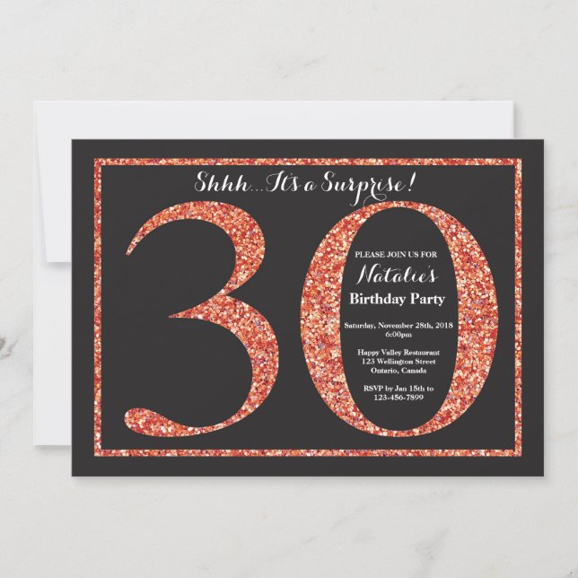 Invitación sorpresa de cumpleaños 30 años con bril (Anverso)