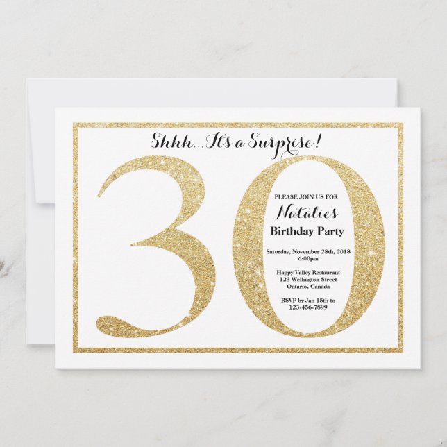Invitación sorpresa de cumpleaños 30 dorado con pu (Anverso)