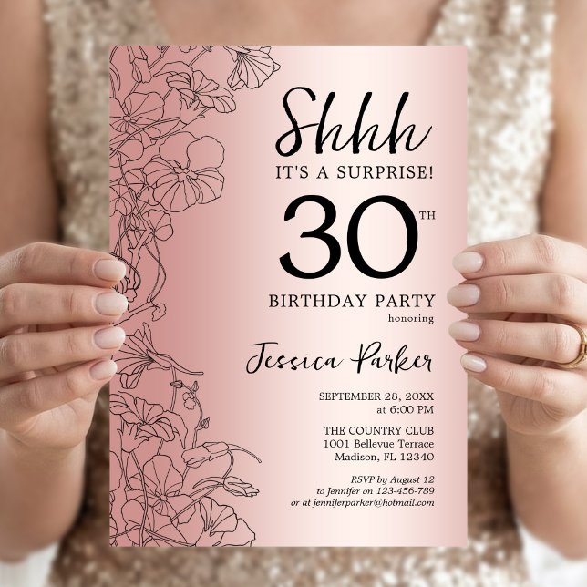 Invitación Sorpresa de cumpleaños 30 en oro rosa (Subido por el creador)