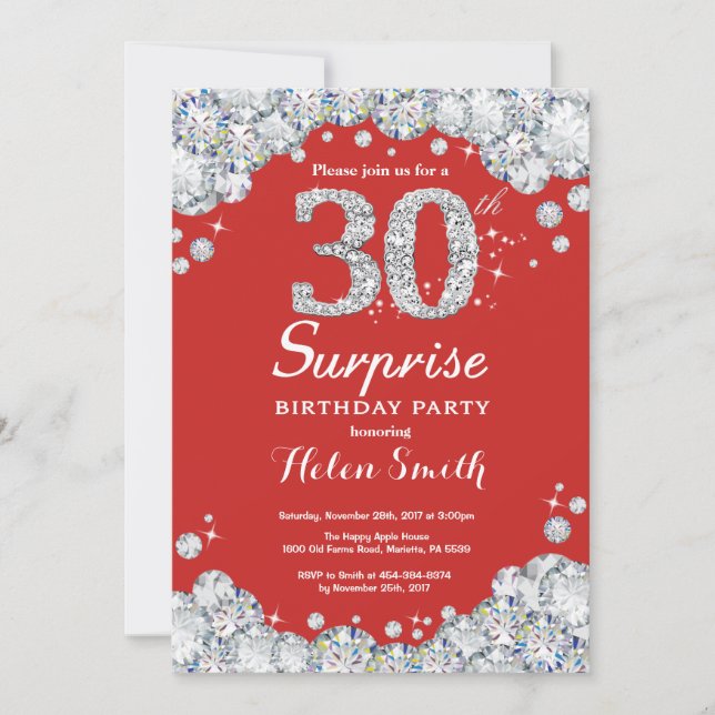 Invitación sorpresa de cumpleaños 30 en plata diam (Anverso)