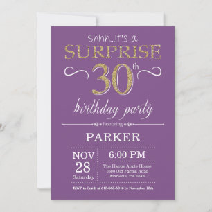 Invitación sorpresa de cumpleaños 30 en púrpura y 