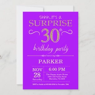Invitación sorpresa de cumpleaños 30 en púrpura y