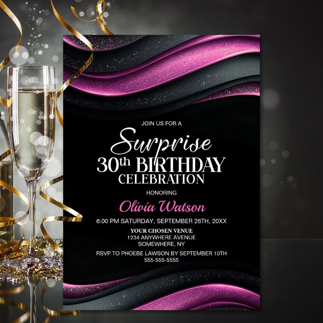 Invitación Sorpresa de cumpleaños 30 negro y rosa (Subido por el creador)
