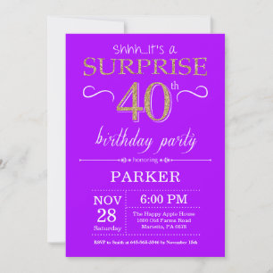Invitación sorpresa de cumpleaños 40 años púrpura