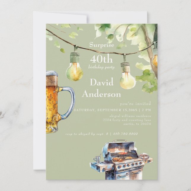 Invitación sorpresa de cumpleaños 40 BBQ Sage (Anverso)