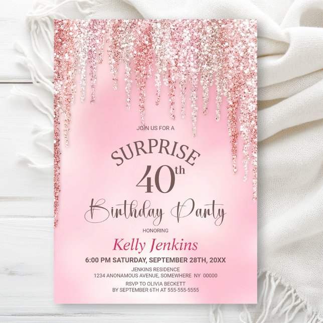 Invitación Sorpresa de Cumpleaños 40 con Brillo Rosa (Subido por el creador)