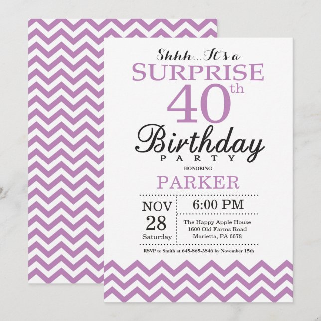 Invitación sorpresa de cumpleaños 40 en Chevron pú (Anverso / Reverso)