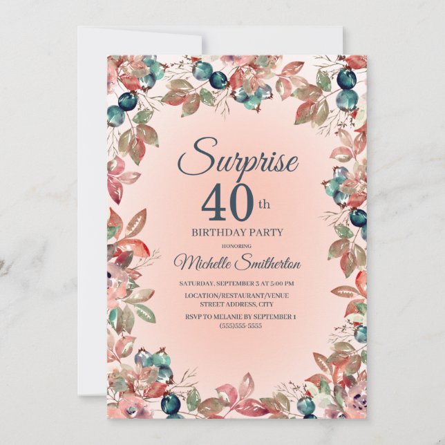 Invitación Sorpresa de cumpleaños 40 mujeres Floral Verde azu (Anverso)