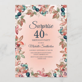 Invitación Sorpresa de cumpleaños 40 mujeres Floral Verde azu