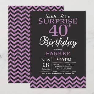 Invitación sorpresa de cumpleaños 40 negro y púrpu