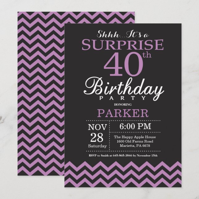 Invitación sorpresa de cumpleaños 40 negro y púrpu (Anverso / Reverso)