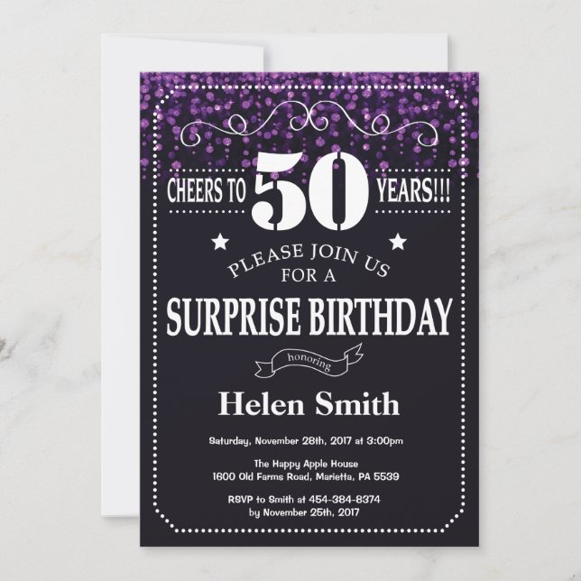Invitación sorpresa de cumpleaños 50 con brillo pú (Anverso)