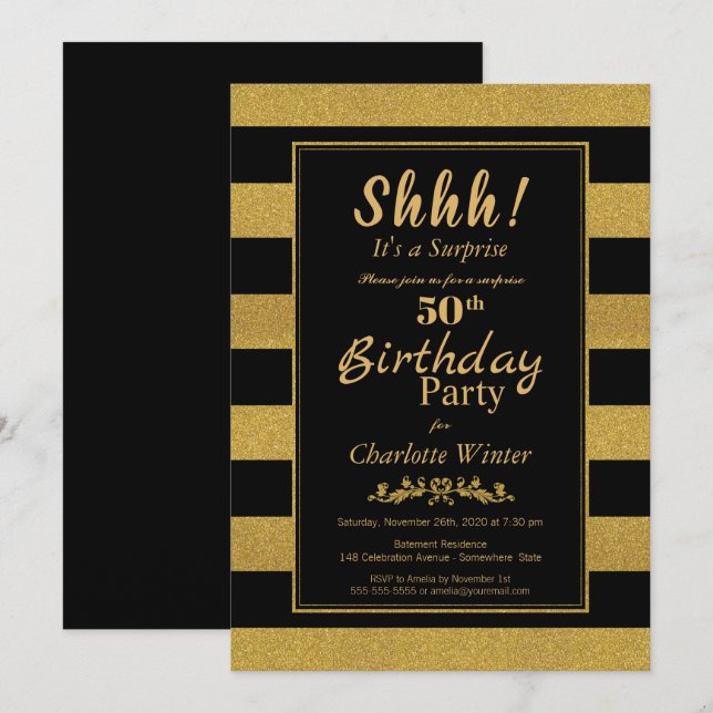 Invitación Sorpresa de cumpleaños 50 con rayas de oro negro (Anverso / Reverso)