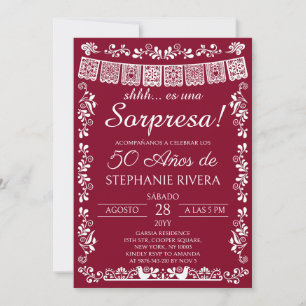 Invitación Sorpresa de cumpleaños 50 de Burdeos con Papel Pic