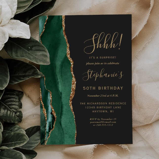 Invitación Sorpresa de cumpleaños 50 de oro ágata esmeralda (Subido por el creador)