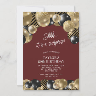 Invitación Sorpresa de cumpleaños 50 en granate y dorado