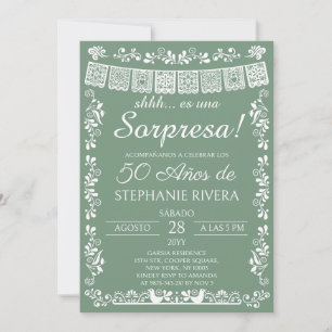 Invitación Sorpresa de cumpleaños 50 en verde salvia con Pape