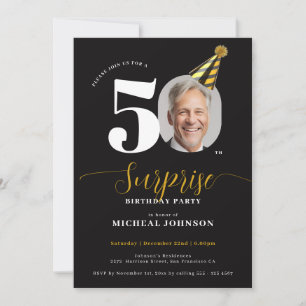 Invitación Sorpresa de cumpleaños 50 moderno negro oro foto