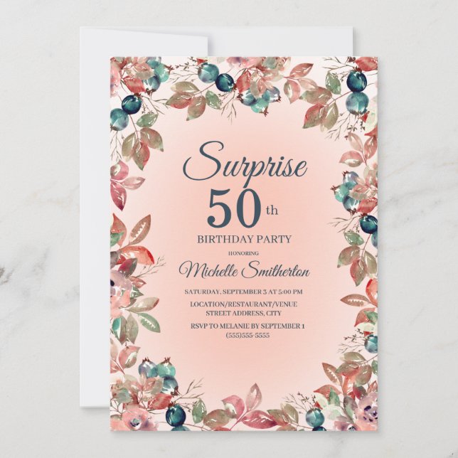 Invitación Sorpresa de cumpleaños 50 mujeres Floral Verde azu (Anverso)
