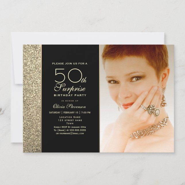 Invitación Sorpresa de cumpleaños 50 negro y dorado (Anverso)