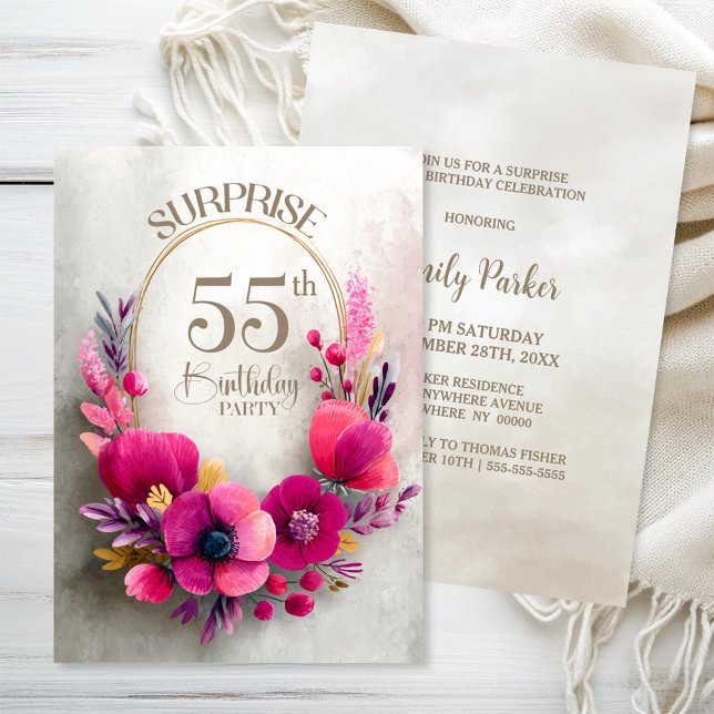 Invitación Sorpresa de Cumpleaños 55 con Flores Rosadas (Subido por el creador)