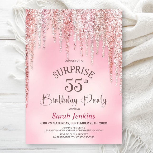 Invitación Sorpresa de cumpleaños 55 con purpurina rosa (Subido por el creador)