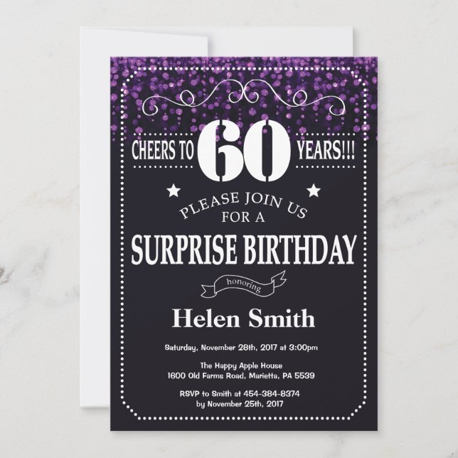 Invitación sorpresa de cumpleaños 60 con brillo pú (Anverso)