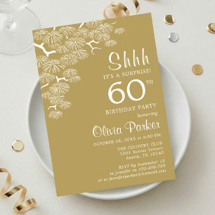 Invitación Sorpresa de cumpleaños 60 con rama de pino en oro