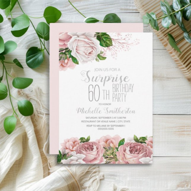 Invitación Sorpresa de Cumpleaños 60 con Rosa Floral Rubor (Blush pink vintage floral surpirse 60th birthday party invitation
)