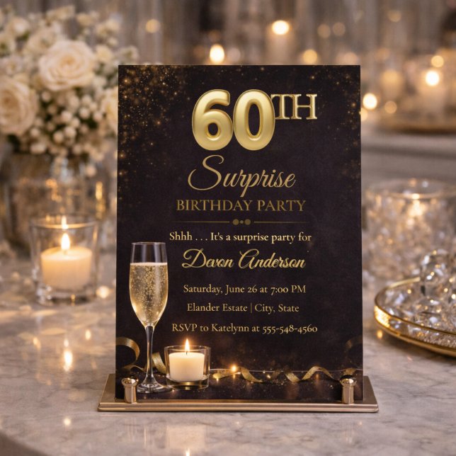 Invitación sorpresa de cumpleaños 60 dorados (Golden shimmer and candlelight set the scene for a refined 60th surprise celebration)