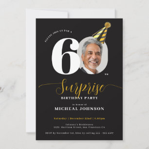 Invitación Sorpresa de cumpleaños 60 moderno negro oro foto