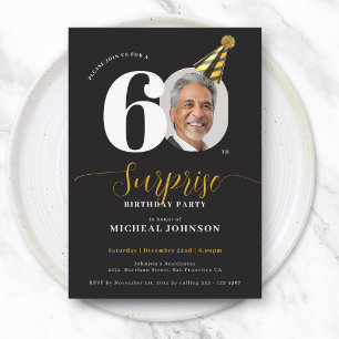 Invitación Sorpresa de cumpleaños 60 moderno negro oro foto