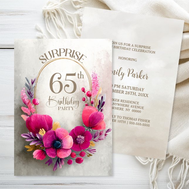 Invitación Sorpresa de Cumpleaños 65 con Flores Rosadas (Subido por el creador)